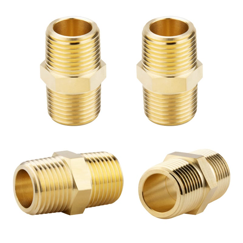 KOOTANS 1/2 NPT x 1/2 NPT Male Solid Brass Hex Nipples, Heavy Brass Pipe Adapter Fittings Equal Nipples Connectors 4Pieces - Image 1